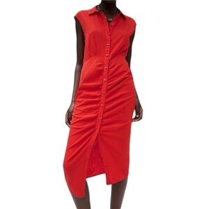 Zara Red Sleeveless Front Button Ruched Linen Blend Midi Dress Size Small